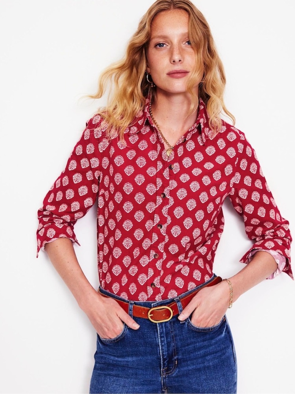 BODEN Shirt Womens US 10 Red White Sienna Cord Shirt Rythmic Red Ornate Stamp